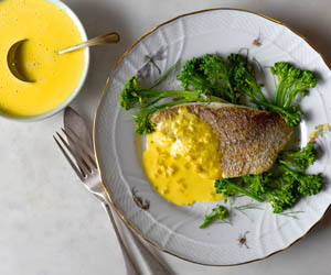 Pan fried fish with saffron beurre blanc